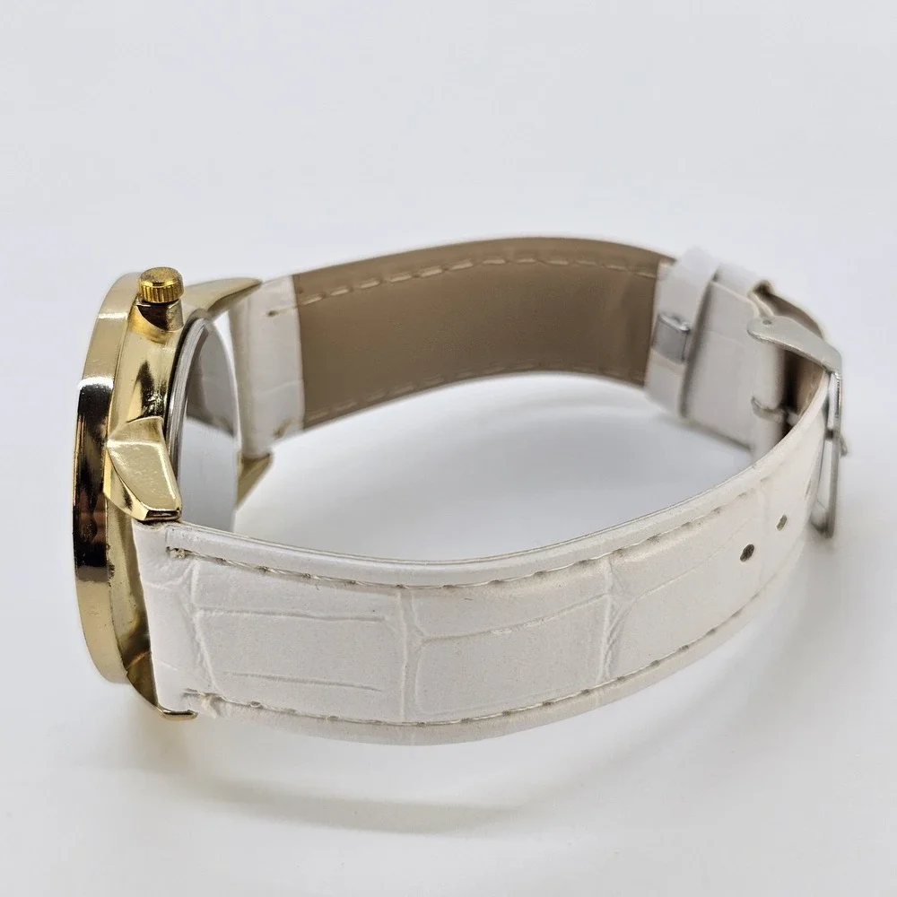 Unisex Analog Watch 40MM White Dial White Faux Leather Bands New Battery